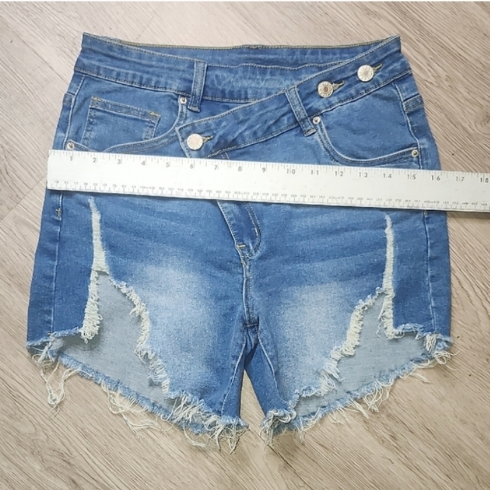 High-Rise Distressed Women's Jean Shorts in Blue - Picture 2 of 5